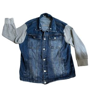 Manfinity dark wash jean jacket with grey cotton sleeves, pockets, button up, XL
